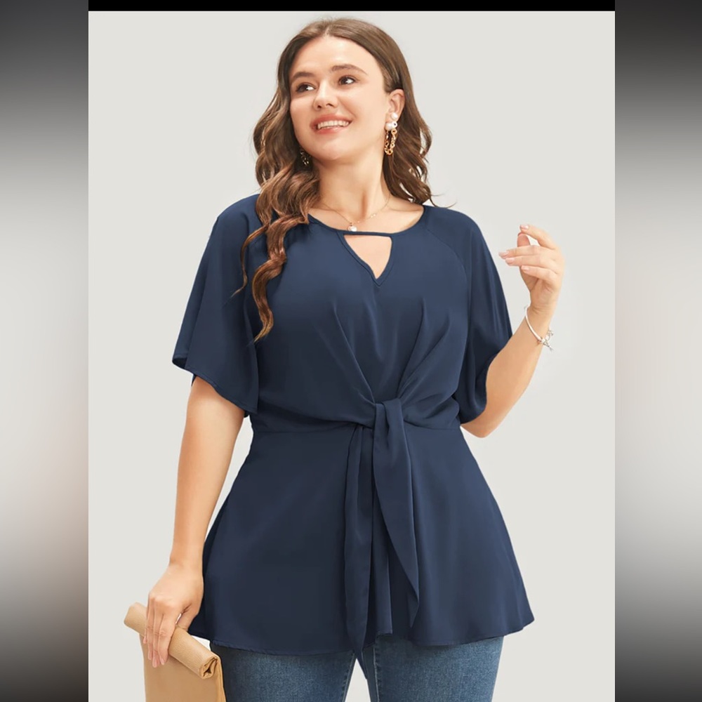 Bloomchic Plain Keyhole Knotted Front Ruffle Sleeve Blouse 18/20 (2x)